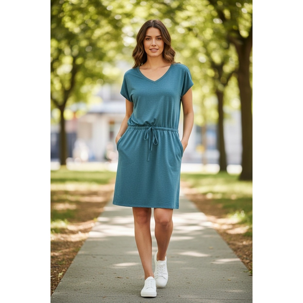 32 Degrees Cool Women's S Teal Blue V-Neck Drawstring Waist Pocket Knit Dress